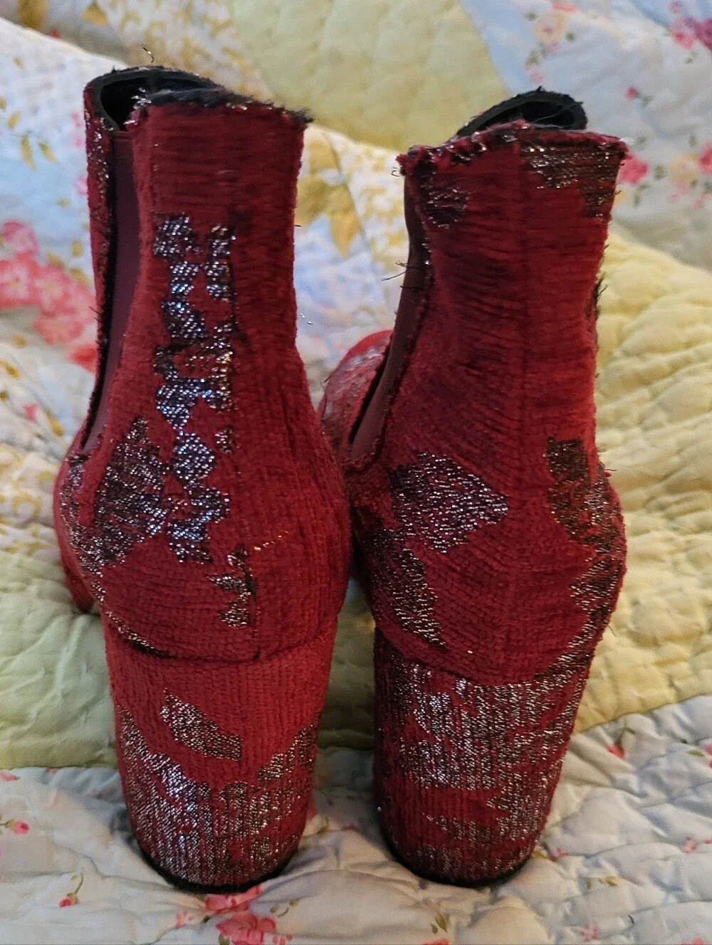 Rose A Pois Red And Silver Tapestry Heel Boots Booties Made In Italy Size 5 - Picture 4 of 6